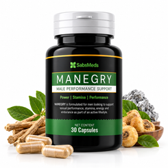 Manergy Male Performance Tablets pack, a daily men's vitality supplement by Sabs Meds